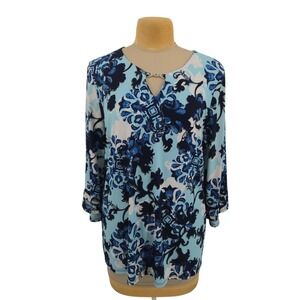 JM Collection Womens XXL‎ Blue Floral Keyhole Blouse 3/4 Sleeve Silver Hardware